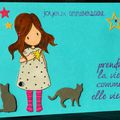 Carte d'anniversaire avec fillette colorisée à la main, chatons et étoiles