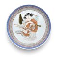 A rare sang-de-boeuf-glazed famille rose 'Liu Hai' saucer-dish, Yongzheng six-character mark and of the period