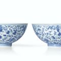 A fine pair of blue and white 'Floral Scrolls' bowls, Marks and period of Yongzheng