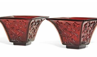 A pair of small Chinese square-form red glass jardinières, early 20th century