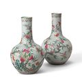 A pair of small famille rose ‘peach and bats’ bottle vases, tianqiuping, Daoguang six-character seal marks and of the period