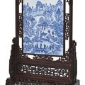 An impressive blue and white 'Immortals' plaque on a hardwood stand, Qing dynasty