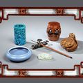 Selection of Scholar's Items Shown in a Fine Chinese Border Frame with Boxwood Carvings