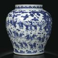 A blue and white 'Hundred Boys' jar. Mark and period of Wanli