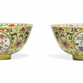 A pair of yellow-ground famille rose medallion bowls, Daoguang six-character seal marks in iron-red and of the period