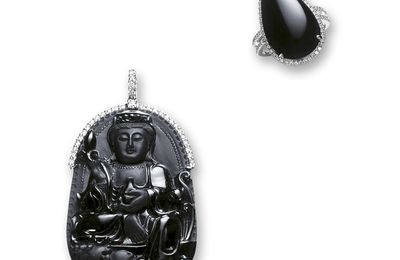 Black jadeite 'Guan Yin' and diamond pendant and matching ring-pendant