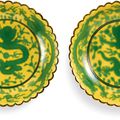 A pair of yellow-ground green-enamelled 'dragon' dishes, seal marks and period of Qianlong (1736-1795)