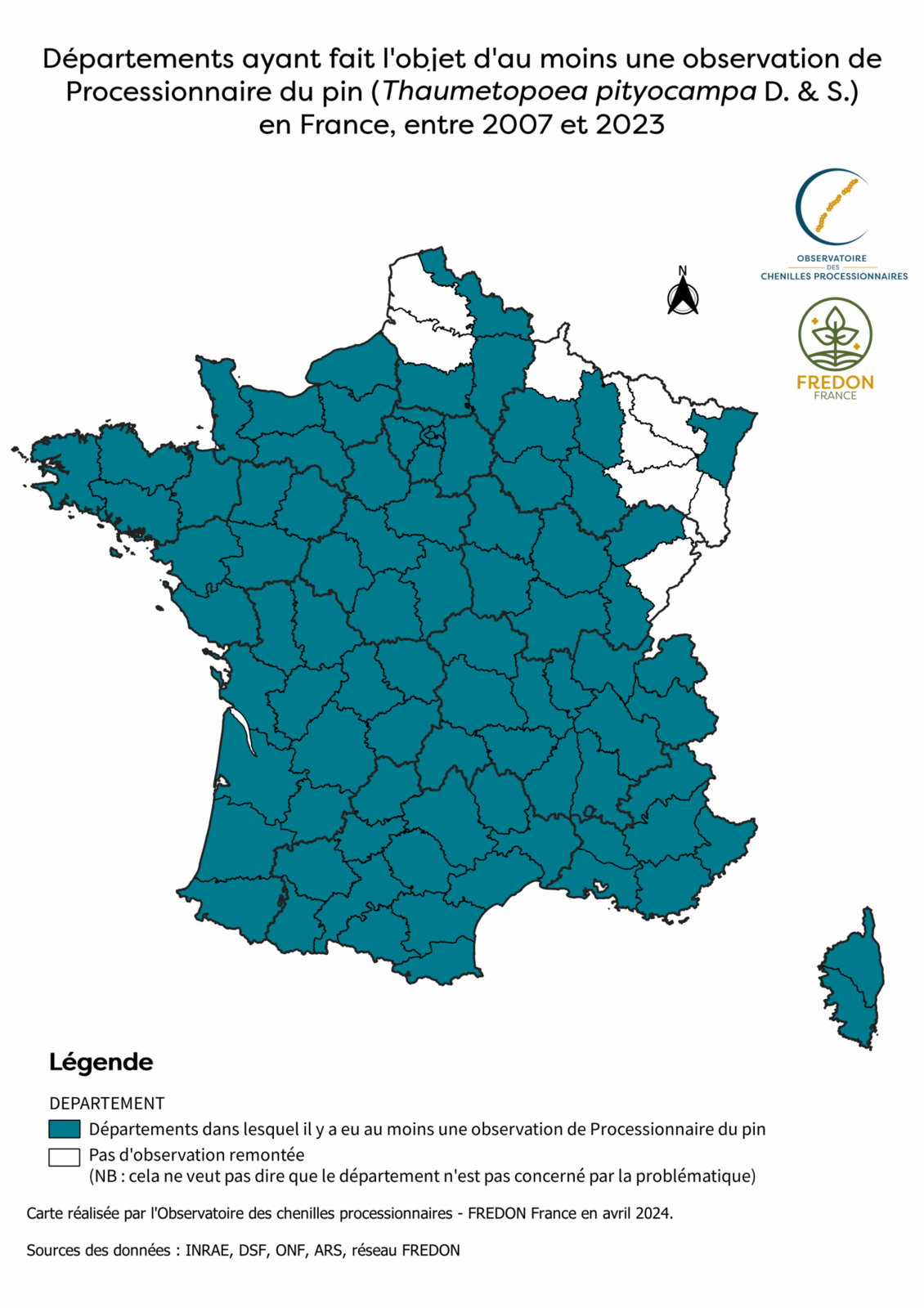 Carte de répartition des processionnaires du pin Sources 2023