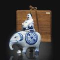 A very rare blue and white 'Budai on elephant' censer and cover. Tianqi Period (1621-1627)