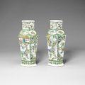 A pair of famille verte hexagonal baluster vases, 19th century
