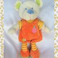 Doudou Peluche Ours Blanc Orange Jaune Oiseau Maison Mots D'Enfants 25 cm