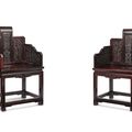 A pair of zitan archaistic 'fuqing' armchairs & zitan archaistic table, tiaozhou,, Qianlong period (1736-1795)