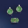 An Art Deco jadeite, diamond, emerald and onyx ring and a pair of jade and diamond earstuds