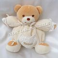 Doudou Peluche Ours Boule Ecru Poche et Col Tissu Blanc Takinou 