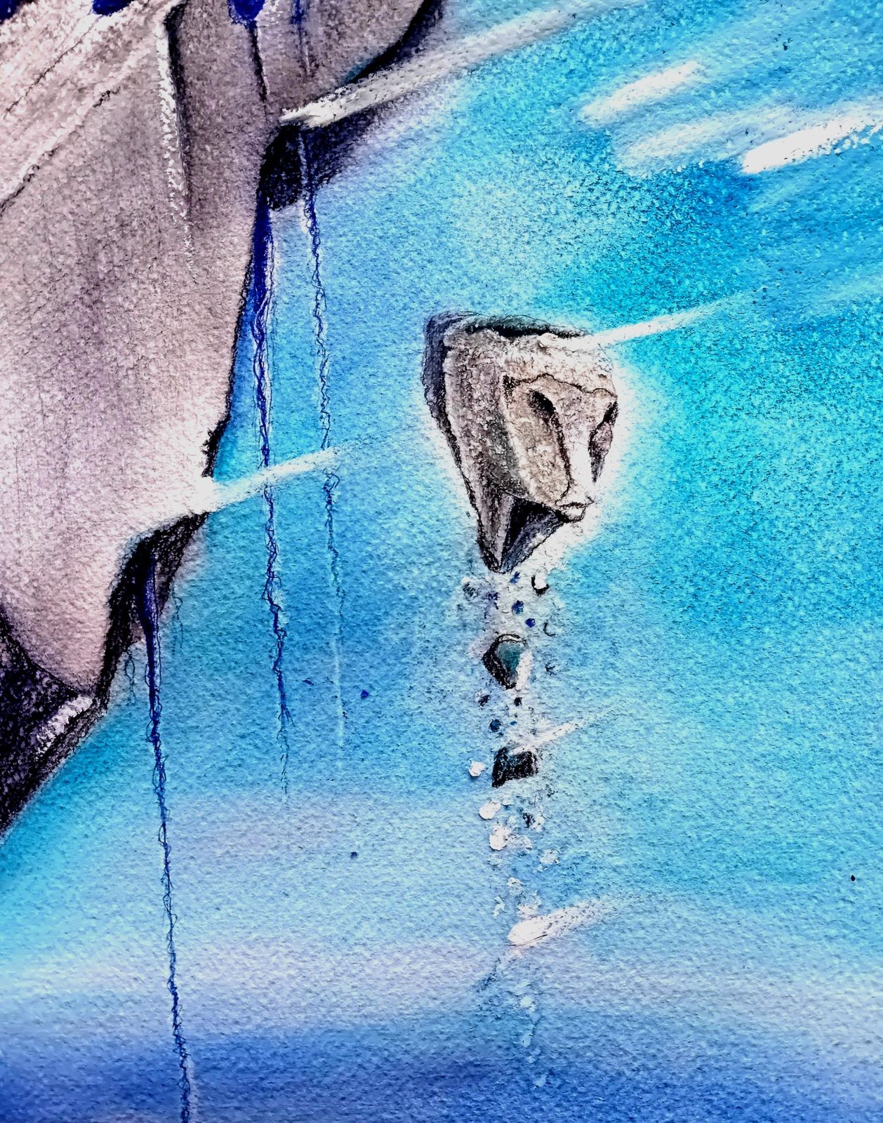 Rocher flottant anthropomorphe. Stylo Bic et crayon, pierre noire, fusain et crayon de couleur. 