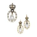 Gold, silver, natural pearl, diamond and enamel earrings and pendant