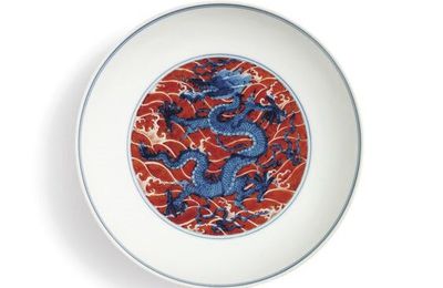 A Fine and Rare Underglaze-Blue and Iron-Red 'Dragon' Dish, Mark and Period of Kangxi (1662-1722)