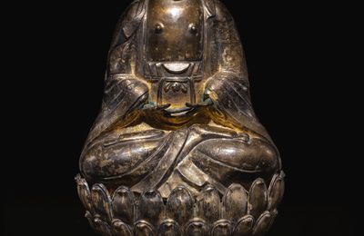 A rare inscribed gilt-silver figure of Amitabha, dated Wanli 20th year, corresponding to 1592