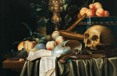 Joris van Son (Antwerp 1623–1667), A vanitas still life with fruit, a gilded goblet, a musical score, a shell and a skull