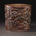 A rare finely carved large hardwood brush pot, Bitong, 18th-19th century