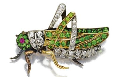 Demantoid Garnet and diamond 'grasshopper' brooch, circa 1900