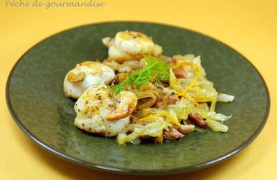 Saint-Jacques poêlées sur lit de choucroute de fenouil, sauce aux agrumes