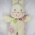 Doudou Peluche Lapin Blanc Rond Vert Fleur Rose Echarpe Rayures Nicotoy