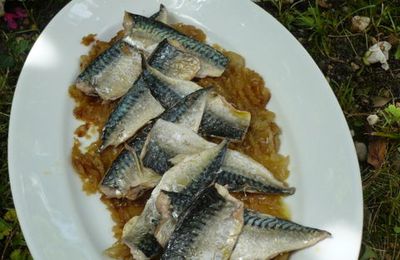 Maquereaux rôtis à la fondue d'oignons, sauce aux anchois