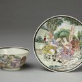Cup and saucer, porcelain painted with overglaze enamels in the famille rose palette and gilded. 