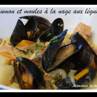 Saumon et moules à la nage aux légumes