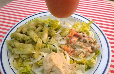 Salade composée de macédoine de légumes à l'aïoli, de macaroni au guacamole et houmous au gazpacho