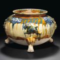 A rare blue, amber and cream-glazed tripod censer, Tang dynasty (AD 618-907)