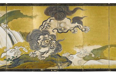 A rare six-fold painted ‘Frolicking lion’ screen, Japan, Edo period, 19th century