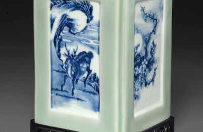 A blue and white and celadon-glazed square brush pot, Qianlong seal mark in underglaze blue and probably of the period (1736-179