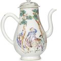 A Chinese Export porcelain famille rose "Don Quixote" coffee pot, circa 1750