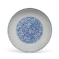 A blue and white 'dragon' dish, Qianlong six-character mark in underglaze blue and of the period (1736-1795)