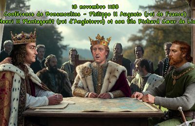 18 novembre 1188 Conférence de Bonsmoulins - Philippe II Auguste (roi de France) à Henri II Plantagenêt (roi d'Angleterre) et son fils Richard Cœur de Lion