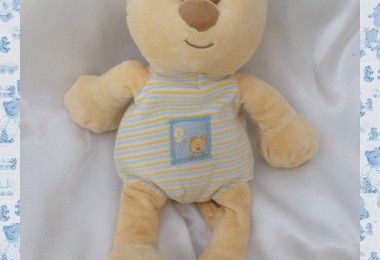 Doudou Peluche Chat Rayures Bleu Jaune Blanc Mes Chouchous Amtoys 29 cm