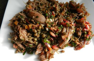 salade tiède de lentilles à l'effiloché de confit