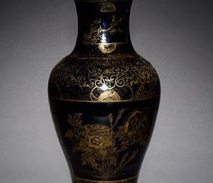 Mirror-black glazed & mirror-black and gilt vases, Kangxi & Qianlong six-character marks 