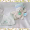 Doudou Peluche Ours Blanc Rayures Bonnet Vert Et Bleu Avec Mouchoir Fleur BabyNat 