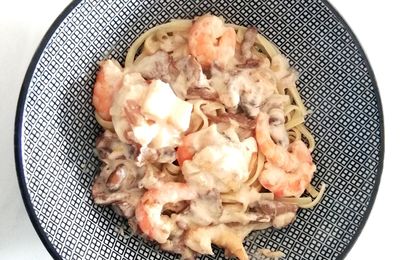 Terre et mer : girolle, saint Jacques, crevettes