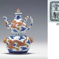 An iron-red and blue and white two-part double-gourd wine warmer and cover, Yang he tang zhi hall mark, 18th-early 19th century