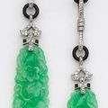 A pair of jadeite jade, diamond and onyx pendant earrings