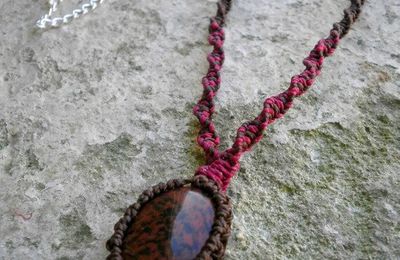 Collier pierre d'obsidienne acajou en macramé