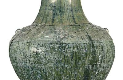 A large green-glazed red pottery jar, hu, Han dynasty (206 BC-AD 220) 