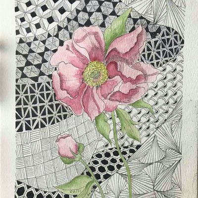 Fleurs en Aquarelle sur fond Zentangle