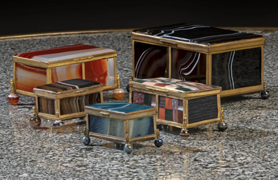 A group of five gilt-brass-mounted agate boxes, French or German, late 19th-early 20th century