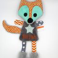 Doudou renard orange bleu gris personnalisé