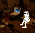 L'animation gif d'un petit bonhomme fantôme à côté du netbook